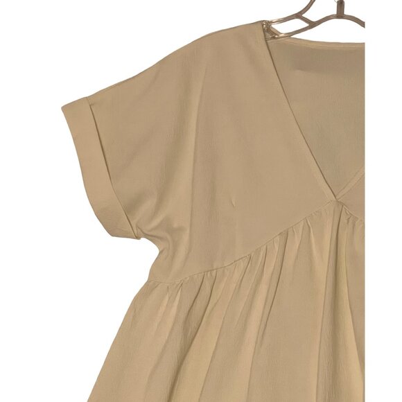 Cream V-Neck Short Sleeve Babydoll Dress  Size M Mini Short Sleeve Chic - Picture 3 of 15